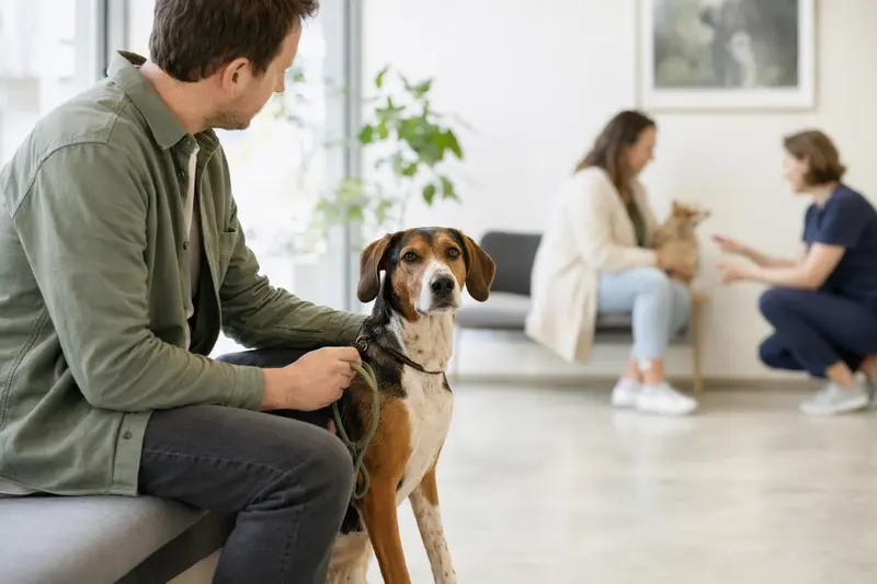 Posavatz-Bracke sitzt ruhig neben ihrem Besitzer im hellen Wartezimmer einer modernen Tierarztpraxis.